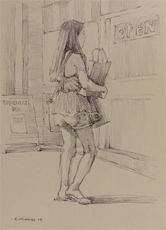 a drawing of a woman standing in front of a store window looking at her phone