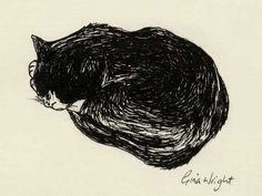 a black and white drawing of a cat sleeping on top of it's back