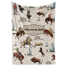 a blanket with horses and cowboys on it that says, your name is here in the center