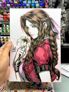 a drawing of a girl with long hair holding a flower in her hand and looking at the camera