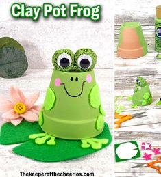 clay pot frog sitting on top of green grass