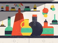 an abstract illustration of bottles and containers on shelves