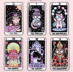 four tarot cards with cartoon characters on them