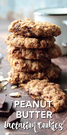 chocolate chip cookies stacked on top of each other with the words, peanut butter vacation cookies