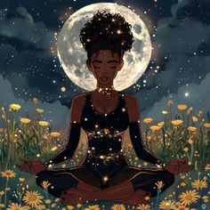 a woman sitting in a lotus position with the moon behind her