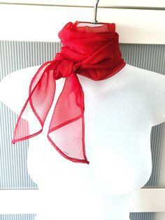 "Stylish red burgundy organza scarf with pointed ends from 70s. The scarf is long and can be used as a neck wrap, headband, sash, bag decor or any other piece of accessory to match your dress, shirt or jacket. The scarf is in excellent/mint condition and will make a beautiful gift. It comes in a gift wrap and with a \"Thank you' card. For more scarves in my store visit: https://www.etsy.com/ca/shop/NostalgicByLiliya?ref=seller-platform-mcnav&section_id=25031148 For other items visit: https://www Elegant Red Scarf For Formal Occasions, Elegant Red Silk Scarf For Party, Classic Red Silk Scarves, Classic Red Silk Scarf, Elegant Red Silk Scarf For Wedding, Party Scarves In Organza, Solid Color Silk Scarf For Formal Summer Occasions, Elegant Red Silk Scarf For Summer, Red Neck Scarf