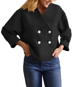 PRICES MAY VARY. Material: Women's cropped pea coat made of fleece textured fabric, high-quality, windproof, soft, comfortable and warm to wear in fall and winter. Features: Defined with double-breasted button fastenings to frame your curves, the fleece coat is spun from wool blend for comfort and flexibility. Drop shoulder and a v neckline underpin its relaxed feel. Cropped length shows your charming figure. Match: Double breasted coat is perfect to match with your turtle neck sweater, jeans, dress, hoodie, heels, sneakers, etc. Occasion: Elegant short pea coat is perfect dressy winter coat for daily life, school, work, going out, travel, dating, shopping, Christmas, New Year, festival, dinner, etc Tips: Please refer to size chart before ordering. Any other questions, please contact us fr Dressy Winter, Dress Hoodie, Fall Outerwear, Sweater Jeans, Turtle Neck Sweater, Heels Sneakers, Fleece Shorts, Fleece Coat, Double Breasted Coat