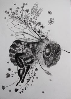 a drawing of a bee with flowers on it