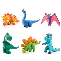 six different toy dinosaurs are shown together