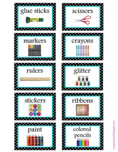 classroom name tags with scissors, crayons, and other crafting items on them