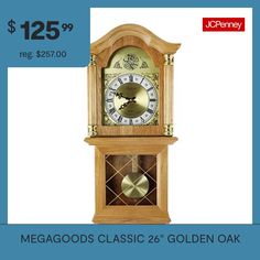 a wooden clock with the words megagods classic 26 golden oak