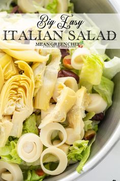 a close up of a salad in a bowl with the words by easy italian salad