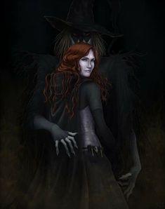 a woman with red hair in a black dress and hat standing next to a demon