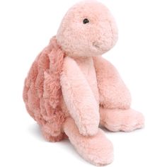 a pink stuffed animal sitting up against a white background