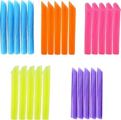 neon colored plastic drinking straws are lined up in different colors and sizes on a white background