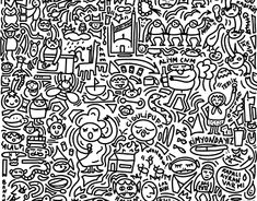 an abstract black and white pattern with many different things on it, including cats, dogs, and other animals