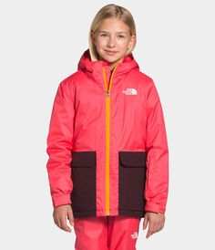 The Girls' Freedom Insulated Jacket is a durable, waterproof snowsports jacket with a powder skirt and zippered pockets to keep snacks safe during all-day winter adventures. Girls Jackets & Vests [North Face, Northface, thenorthface, the northface, TNF, tnf] [water proof, water-proof, water - proof, water resistant, rain] Water Proof Jacket, Girls Ski, Girls North Face Jacket, Brown Puffer Jacket, North Face Winter Coat, Quilted Sweater, Black Hooded Jacket, North Face Puffer Jacket, North Face Kids