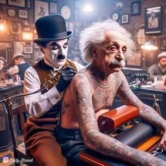 an old man sitting next to a tattooed man