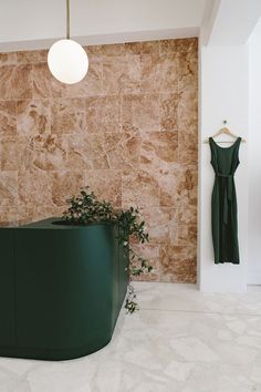 a green tub sitting next to a wall with a plant in it and a dress hanging on the wall