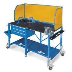 a blue and yellow work bench with wheels on the bottom, two trays underneath it