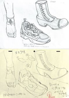 two drawings of shoes and feet with writing on the bottom one is drawn in pencil