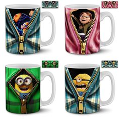 four different mugs with cartoon characters in zippered jackets on them, one has an image of a minion and the other is wearing a plaid shirt