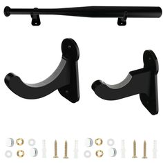 two black metal brackets with screws and nuts on white background, including the hardware