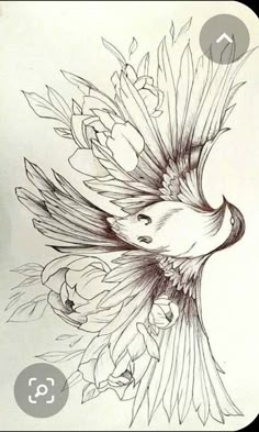 a drawing of a bird with flowers on it's back and wings flying in the air