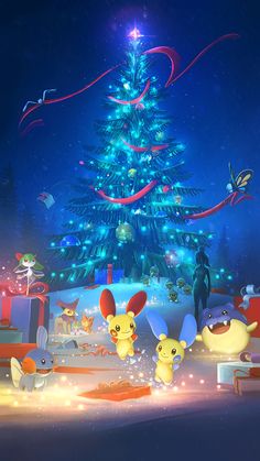 pikachu and friends around the christmas tree in pokemon live wallpapers for nintendo wii