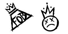 two black and white drawings of crowns, one with the word xo on it