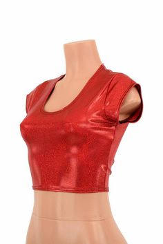 Red Metallic Lycra Spandex Bodycon Clubwear Crop Top with Cap Sleeves and Scoop Neckline 150055 Metallic Crop Top, Red Crop Top, True Red, Olive Branch, Red Outfit, Small Bust, Outfits For Teens, Cap Sleeve, Scoop Neckline