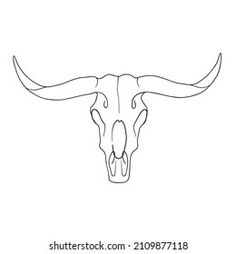 the head of a bull with long horns on a white background, line art style