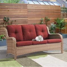 a white cat sitting on top of a red couch next to a green planter