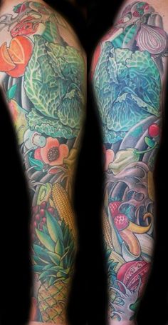 tattoos on both arms and legs with fruits and veggies in the middle one arm