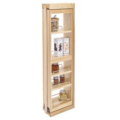 a wooden spice rack with spices and seasonings on the bottom shelf in front of a white background