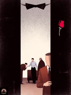 two men are standing in an open doorway, one is holding a red rose and the other has a black bow tie