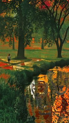 a painting of people walking on a path by a river in the park with trees and grass