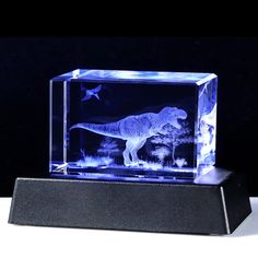 a glass block with a dinosaur in it on a white surface and a black background