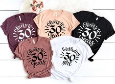 "Are you searching for the perfect tanks or t-shirts for that 30th Birthday? We hope to be a part of your big day and your crew will love our super comfy shirts! ❤ SIZING ❤ Our TANK TOPS run small and we suggest sizing up. A size chart can be found in the listing photos. For the best fit, we suggest measuring your favorite shirt and comparing the measurements to our chart. Our V-NECK SHIRTS are women's cut and also run small. We suggest sizing up. A size chart can be found in the listing photos. 40th Birthday Shirts Women, Cheers To 50 Years, Group Shirts, Birthday Tshirts, Bachelorette Party Shirts, Comfy Shirts