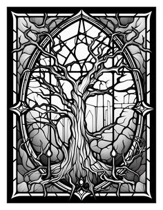 a stained glass window with a tree in it