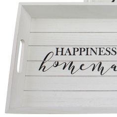 two white trays with the words happiness and homemade written on them, sitting side by side