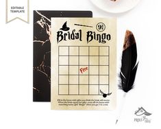 the bridal bingo game is next to a cup of coffee and a feather quill