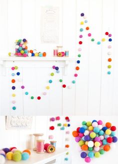 the wall is decorated with multicolored pom - poms and sprinkles