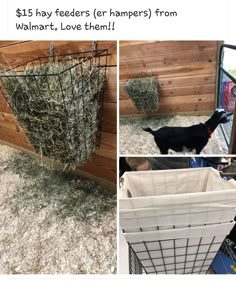 two pictures with animals and hay in them, one has a hamper hanging from the ceiling