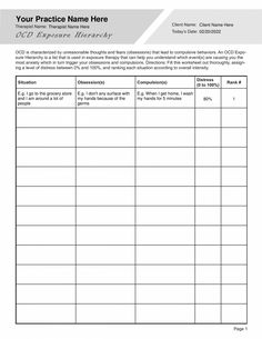 OCD is characterized by unreasonable thoughts and fears (obsessions) that lead to compulsive behaviors. An OCD Exposure Hierarchy is a list that is used in exposure therapy that can help you understand which event(s) are causing you the most anxiety which in turn trigger your obsessions and compulsions. Our OCD Exposure Hierarchy Worksheet PDF (Editable, Fillable, Printable) is perfect for counselors, psychologists, psychiatrists, social workers, therapists, and other mental health professionals.  Our OCD Exposure Hierarchy Worksheet PDF Template can be downloaded and used with all your clients, giving you and them the ability to fill it out on a digital device or print it out. This template is part of the ERP Therapy Worksheets Bundle Ocd Therapy Activity, Amir Core, Psr Activities, Cbt For Ocd, Future Psychologist, Conflict Resolution Worksheet