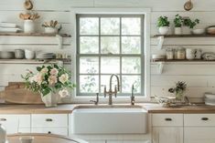 a kitchen with white cabinets and open shelving above the sink is filled with dishes