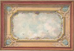 an ornate frame with birds and flowers painted on the wall in gold, red, and blue