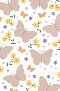 butterflies and flowers on a white background with polka dotes in pastel pink, orange, yellow and blue