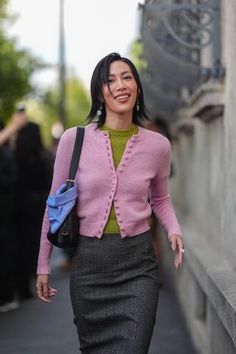 Runway Outfits, Pink Cardigan, Gray Skirt, Zara Basic