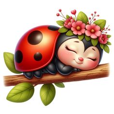 a ladybug sleeping on top of a wooden branch with flowers in its hair